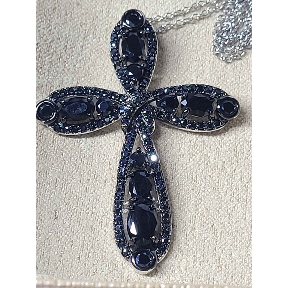 Black Spinel Sterling Silver Cross Pendant With Chain - 16"